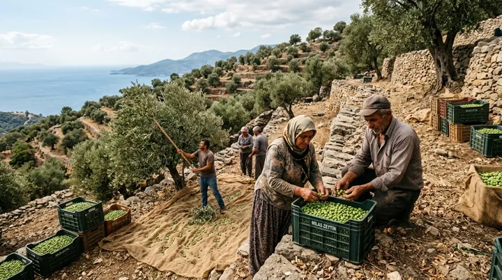 Zeytin bahçesinde hasat yapan üreticiler
